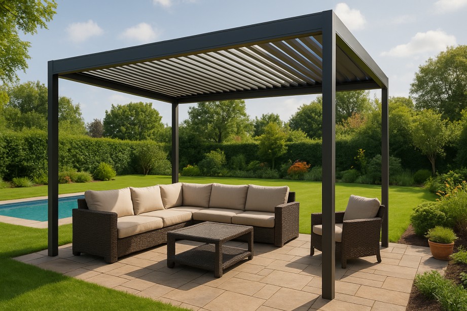 Modern retractable pergola over patio seating area