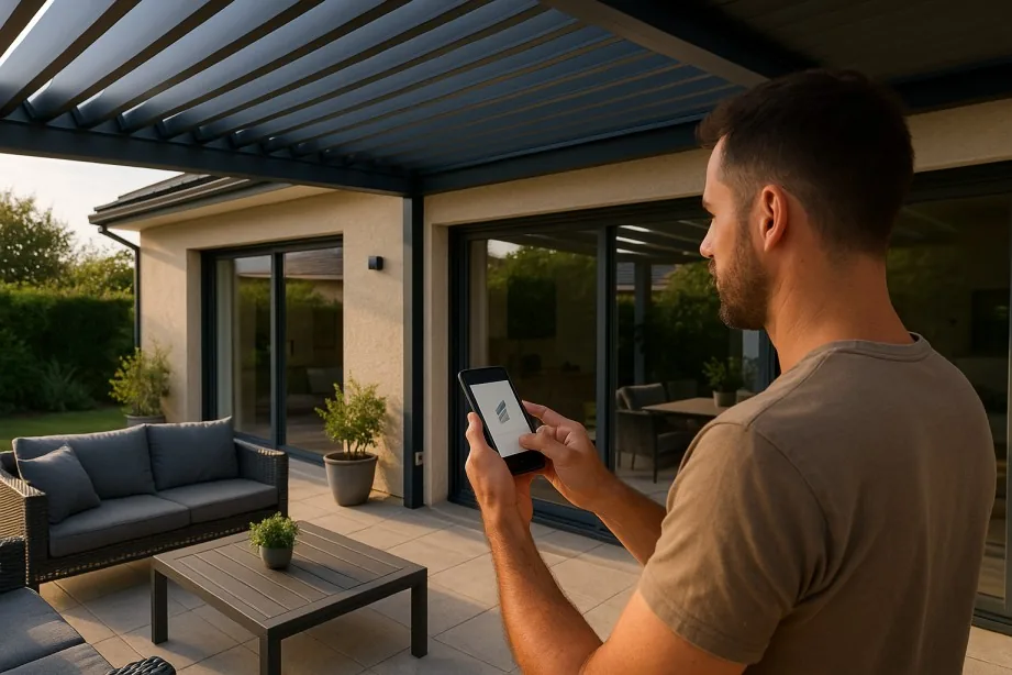 Person controlling motorised louvre pergola outdoors.