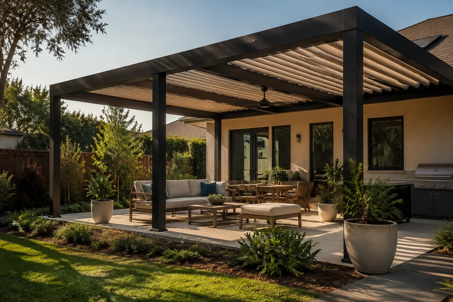 Custom pergola creating an outdoor living space