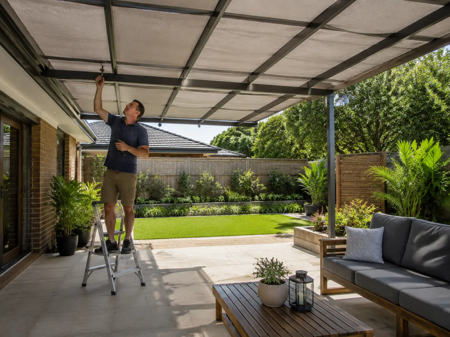 A homeowner fixing a Retractable Shade in his backyard