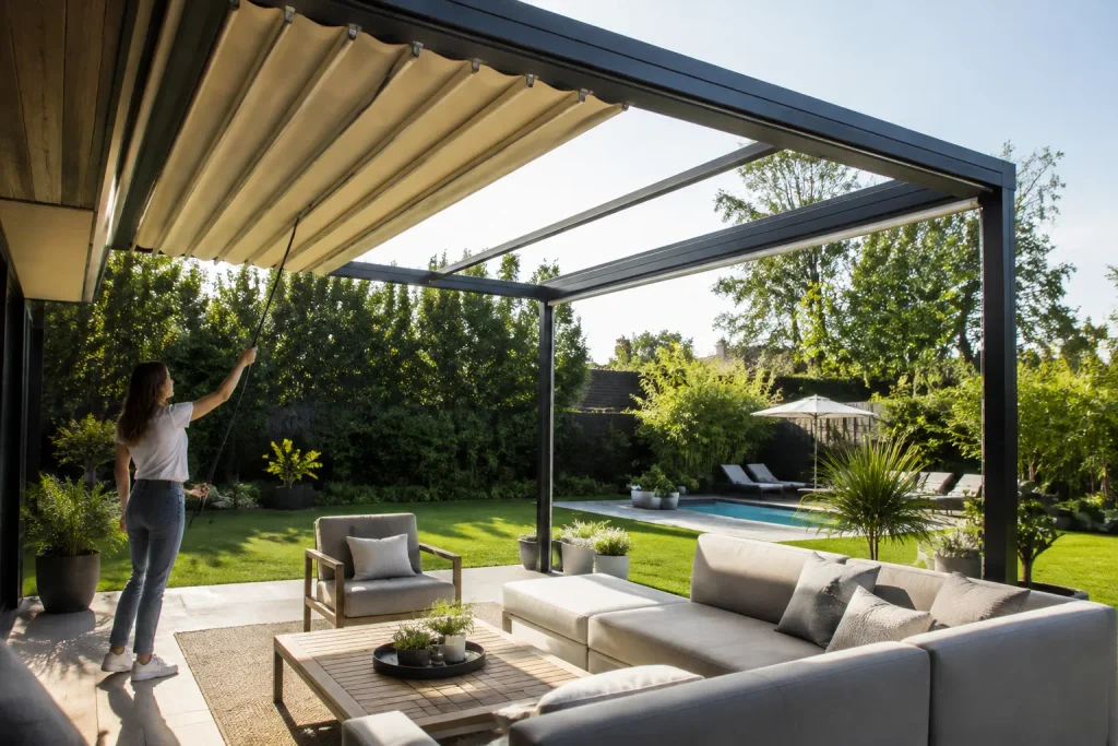 Pulling the retractable shade to protect the outdoor living space